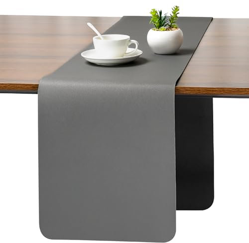 Myir JUN Tischläufer, Tischläufer Modern Tischläufer Abwaschbar Tischläufer Outdoor Doppelseitige Leder Tischläufer Wasserdicht rutschfest und zur Dekoration verwendbar 40 X 240 cm(Grau Schwarz)