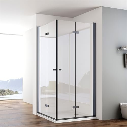 IMPTS Duschkabine Schwarz Eckeinstieg 75x75cm Falttür Doppel Drehfalttür Rahmenlos Faltdusche 180º Duschabtrennung Faltbar 6mm ESG Sicherheitsglas Höhe 185cm, OHNE Duschwanne
