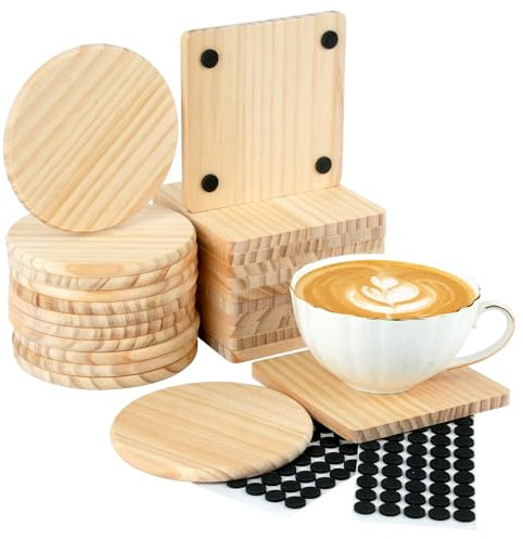 RETON Lot de 24 Dessous de Verre en Bois, 10.2 cm Sous Verre Bois avec 100 Patins Souples, Dessous de Verre Carré Circulaire pour Travaux Manuels, Boissons, Gravure au Laser, Bougie