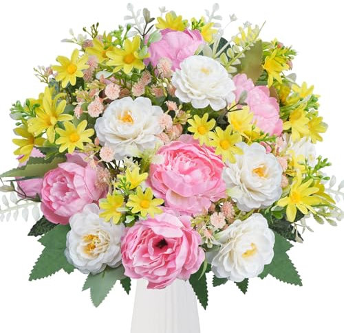 Zythem Artificial Flowers Pink Peonies Silk Mix Yellow Daisies Bouquet Faux Flowers Artificial Flowers for Graves, Wedding, Home, Garden, Hotel, Office, Table, Centerpieces, Grave Floral Arrangement