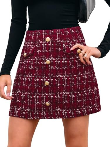 CUPSHE Damen Rock Hoher Bund Knöpfen Tweed Karo Minirock High Waist Kurz Karierter Freizeitrock Elegant Mini Short Skirt, Bordeauxrot, S