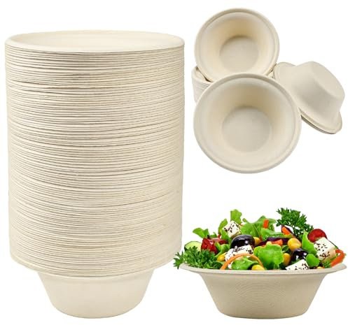 KYYGKY Bol 100 Stück Einwegpapierschalen Suppenschalen 340ML Zuckerrohrschalen Suppenschüssel Einweg Einweggeschirr Suppenteller Einwegsuppenschale Schälchen Bio Suppenschale für Part Picknick