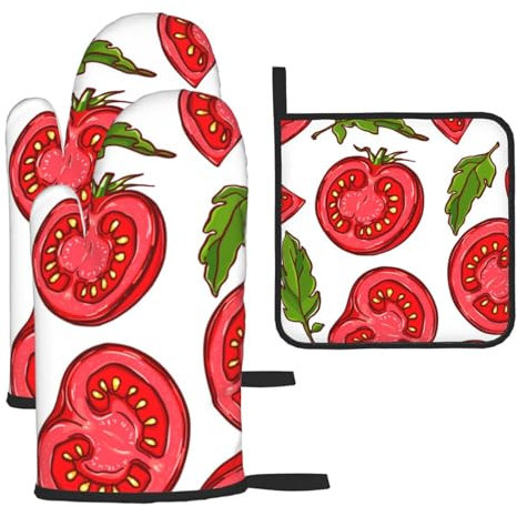 Dessin animé de Feuilles de tomates,Gants de Cuisine, Gants de Four antidérapants, Ensemble de Trois pièces résistants à la Chaleur, Gants de Four et maniques