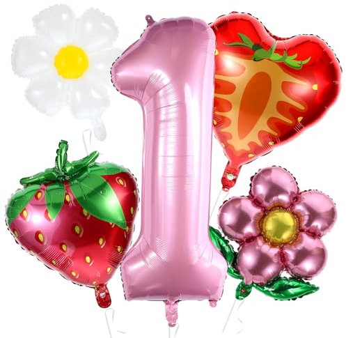 Wanmu 5 Stück luftballon Geburtstag Erdbeer, 40 Zoll 1 Jahr Mädchen Berry Luftballon Deko, Erdbeer Number 1 Heliumballons mit Gänseblümchen Folienballon für Mädchen Geburtstagdeko Party Dekorationen