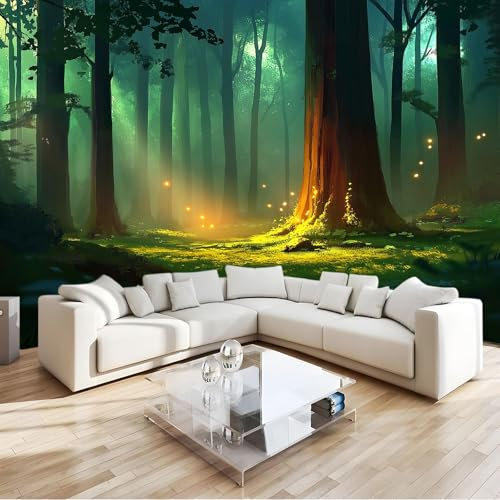 Grün Fototapete Zauberwald Sonnenschein 350x256 cm, Vlies Fototapete Wandtapete Bildtapete Wand Dekoration Moderne Wandtapete Wohnzimmer Schlafzimmer