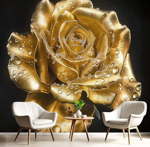Panorama Carta Da Parati Murale Con Effetto 3D 300×210cm, Parati Murali Fotografica Rosa D'Oro, Murales Fotografici Piante Petali, Adesivo Da Parete Poster Decorativo