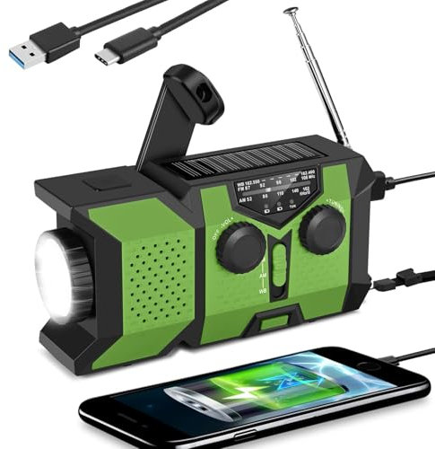 Radio Solar portátil con Am/FM/NOAA, Alarma SOS Y Dinamo De Manivela, batería Recargable de 2000 mAh, Cargador de teléfono móvil USB, Linterna LED, para emergencias, Camping (Verde)