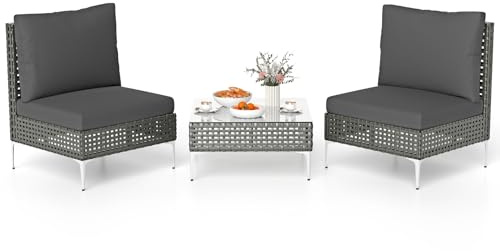 COSTWAY 3-TLG Gartenmöbel Set, PE-Rattan Balkonmöbel-Set mit 2 Stühle inkl. Sitzkissen & Tisch, Terrassenmöbel Sitzgruppe für Garten, Balkon, Veranda, Grau
