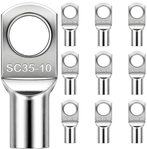 InYoHui 10PCS Copper Wire Lugs SC35-10 Tinned Ring Terminals 35mm M10 | 10 tinned copper lugs, SC35-10. 35mm² cable, 10.5mm bolt hole. Crimp or weld. Corrosion resistant, high conductivity