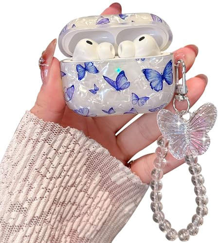PHOEACC für AirPod Pro 3 Hülle 2025 Cute Perlenschale Marmor Schutzhülle mit Glitzernder Schlüsselanhänger Kompatibel mit AirPods Pro 3 Case für Mädchen Frauen (Bläulich-lila Schmetterling)