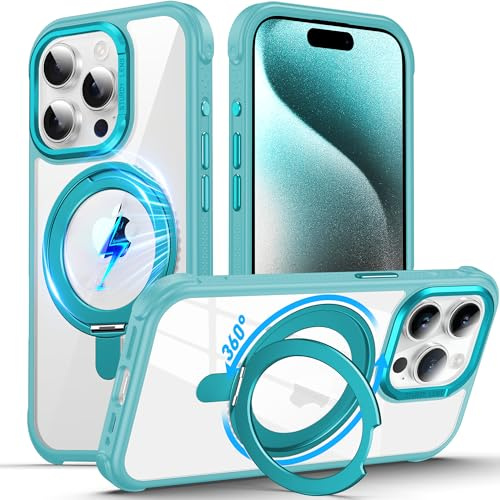 DASFOND für iPhone 15 Pro Max Hülle, [Kompatibel mit MagSafe ] 360°Magnetischer Ständer Militärschutz Schlankes, Stoßfeste Kratzfeste Handyhülle All-in-One, Transparent Petrol