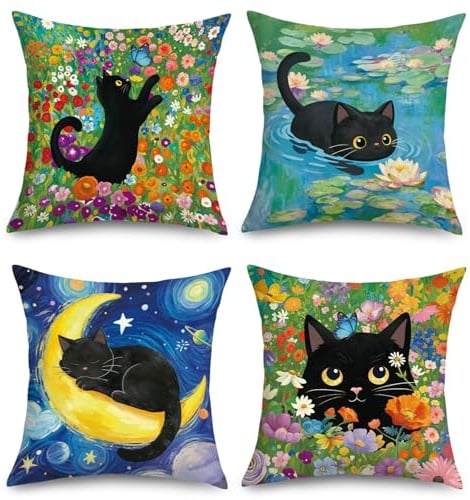 Joymaison Kissenbezüge 45x45 4er Set Frühlings Bunten Blumen Schwarze Katze | Deko Kissenhülle Vintage Bunt Katze Wildblumen Kunst für Katzen Liebhaber Dekorative Kissenbezug Kissen für Couch Sofa
