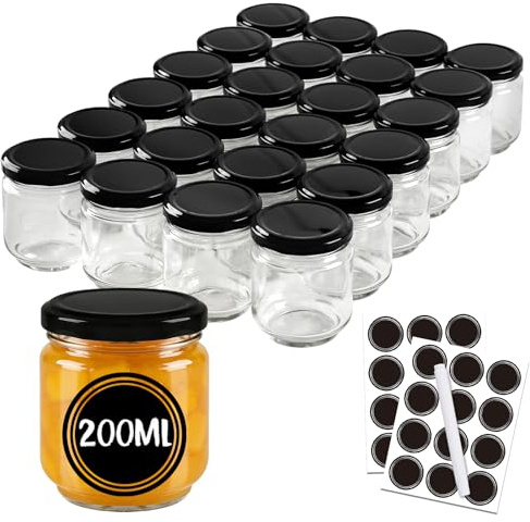 BLIENKREBY 24 Stück Einmachgläser mit Schraubdeckel 200ml, Marmeladengläser Klein mit Deckel, Spülmaschinenfeste Luftdichte Dessertgläser,Schraubgläser mit Etiketten & Stift,für Marmelade,Eingemachtes