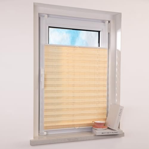 Deswell Bambus Plissee Klemmfix ohne Bohren, Natur B110 x H130cm, Klemmträger Plisseerollo Sonnenschutz und Sichtschutz Jalousien Faltrollo Blickdicht und lichtdurchlässig Rollo für Fenster & Tür