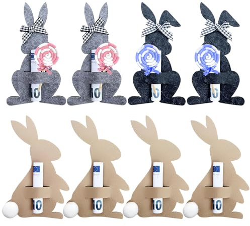 GAZIL 8er-Set Osterhasen-Geldgeschenk-Verpackung, Filz Osterhase zum Verschenken von Bargeld, Osterdeko mit Bommeln und Schleifen, Kreative Geschenkverpackung für Ostern
