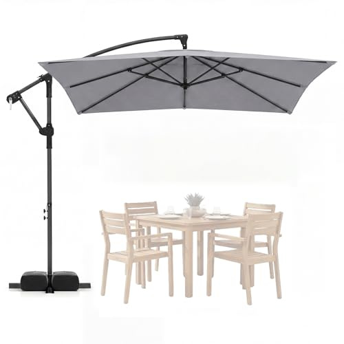 GOPLUS Parasol Déporté 2,5x2,5m, Parasol de Jardin Exterieur Rotatif 360° avec 2 Sacs de Sable de 52KG, Toile Anti-UV, Manivelle, pour Balcon Terrasse Patio (Gris)