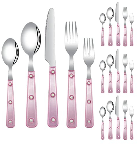Besteck-Set, Edelstahl-Besteck-Set, transparenter Kunststoff, Löffel-, Messer- und Gabel-Set, 20-teiliges Besteck-Set mit mattiertem, klarem Griff für 4 Personen, 18/10-Edelstahl-Besteck-Set, Steak-T