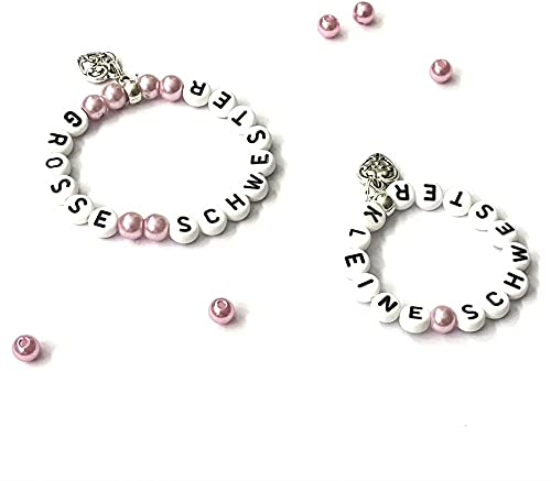 handgefertigtes Perlenarmband GROßE Schwester KLEINE Schwester GRÖSSTE Schwester mit Herzanhänger in diversen Farben