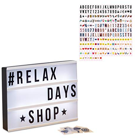 Relaxdays Pack Caja Luz Led con 325 Letras, Lightbox Letras, Símbolos y Cifras, Plástico, 22x30x4,5 cm, Blanco y Negro,