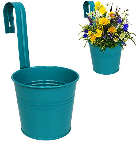 alles-meine.de GmbH 2 Stück Hänge - Blumentöpfe/Geländertöpfe/Pflanztöpfe - Metall - Ø 17 cm - türkis blau/Mint - Hängend/mit Haken & Halterung RUND - Aufhängen - groß..