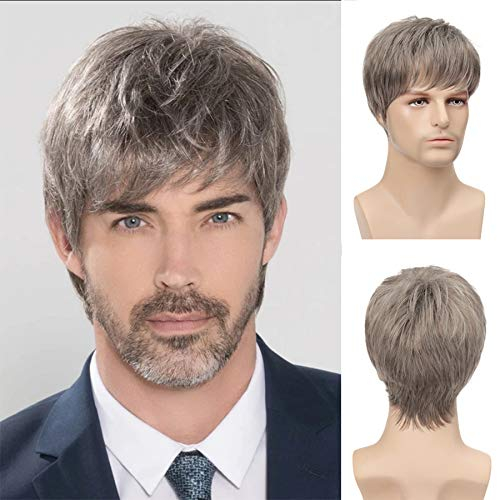 Perücke Männer Grau Kurz Layered Natur Wave Perücke mit Pony Hitzebeständig Cosplay Halloween Party Perücke mit Perückenkappe von Beweig