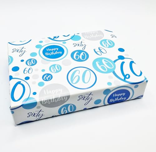 Geschenkpapier zum 60. Geburtstag, 2 Bögen + 2 passende Geschenkanhänger zum 60. Geburtstag, Blau / Weiß