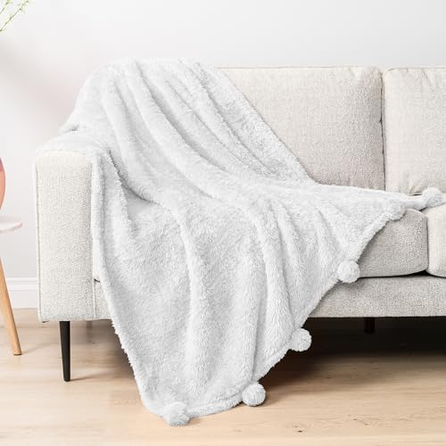 PAVILIA Cozy Pom Pom Throw Blanket | Sherpa Fluffy Fuzzy Plush Fleece Soft Blanket Couch Sofa Bed | Shaggy Faux Fur Warm Boho Cute Tassel Ball Blanket Women | Solid Pure White Blanket Pompom, 50x60