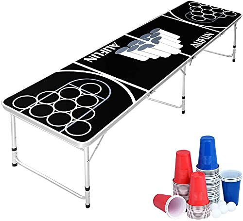 NW Beer Pong - Set da tavolo pieghevole con 100 bicchieri (50 rossi e 50 blu), 5 palline, tavolo da pong regolabile in altezza, con giochi di lancio per feste e giochi di bevande