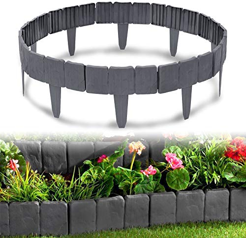 NAIZY Rasenkante 5m PP Material-Gartenzaun in Steinmuster, Anthrazit Garten dekorativ per 1 Element 25 x 23 cm[L x H] Gartenpalisade für Gartenzaun und Rasens【Anthrazit, 20 Stück, 5m】