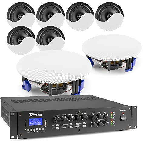 Power Dynamics 2-Zone Commercial Ceiling Speaker System – PRM1202 Mixer Amplifier with Bluetooth and MP3, 8 x NCSP6 6.5-Inch Coaxial Speakers, PA System for Restaurants and Offices
