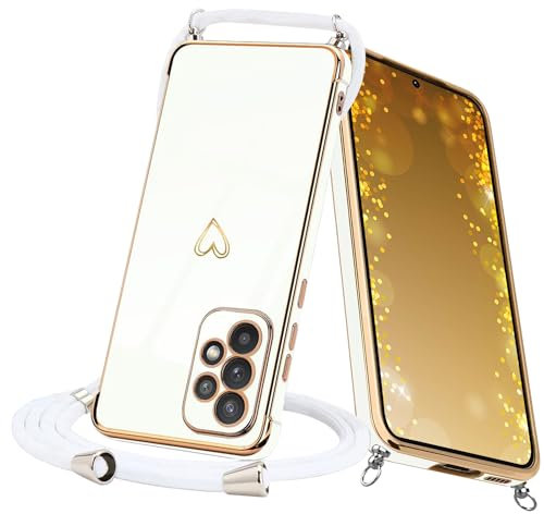 Keteen Handykette Hülle für Samsung Galaxy A52 / A52S 5G Handyhülle mit Band Cute Herz Muster Galvanisierte Slim Silikon mit Abnehmbar Kordel Stossfest Cover Necklace Handyhülle für Samsung A52-Weiß