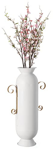 Dekorative Bodenvase aus Metall mit 2 goldenen Griffen für Eingangsbereich, Wohnzimmer oder Esszimmer, Weiß