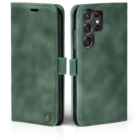 LBH Handyhülle für Samsung Galaxy S23 Ultra in Grün mit Karten- und Geldfach Smartphone Hülle mit Standfunktion Flip Case Schutzhülle Magnetverschluss Vintage