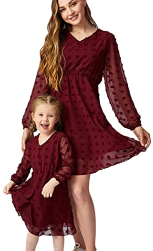 OMZIN Mutter-Tochter-Kleid Laterne Lange Ärmel Chiffon Mommy and Me Tunika Schweizer Punkt Einfarbig Kleid Weinrot 3-4Y