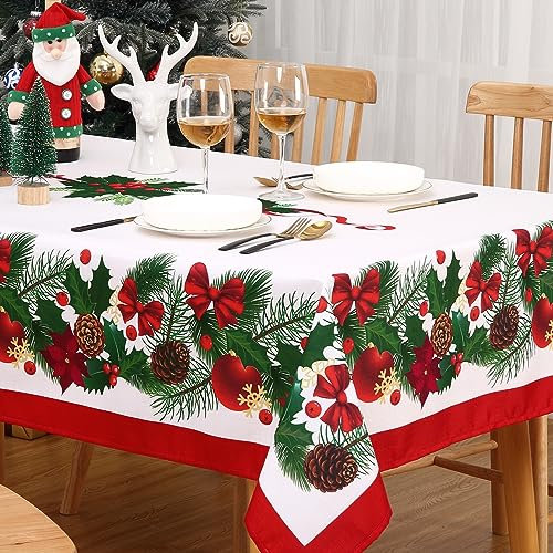 CAROMIO Christmas Tablecloth 54 x 108 Inch Rectangle Xmas Table Cloth with Poinsettia Ribbons Bow Holly Berries, Washable White Wipeable Fabric for Winter Holiday Table Decoration