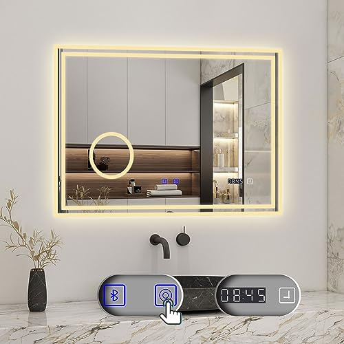 Biubiubath Badspiegel mit Beleuchtung 100x60cm LED Wandspiegel mit Bluetooth, Uhr,Touch und 3X Vergrößernder Kosmetikspiegel,Badezimmerspiegel Beschlagfrei 3 Lichtfarbe 3000-6000K Dimmbar,IP44