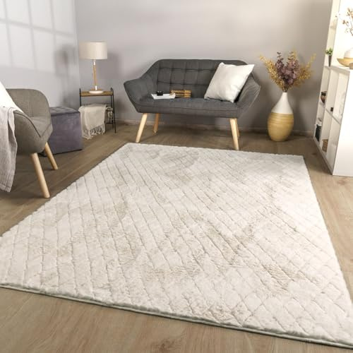 TT Home Wohnzimmer Teppich Esszimmer Langflor Skandi Optik Geometrisch 3D Unifarben, Farbe:Hellgrau Creme, Größe:160x220 cm