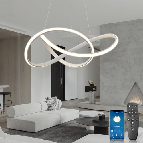 BRIMETI Pendelleuchte Esstisch Esstischlampe 150cm Höhenverstellbar Esszimmerlampen 48W Hängeleuchte Dimmbar Mit Fernbedienung LED Hängelampe Wohnzimmer Esszimmer Küchen Bar Leuchten(Weiß)