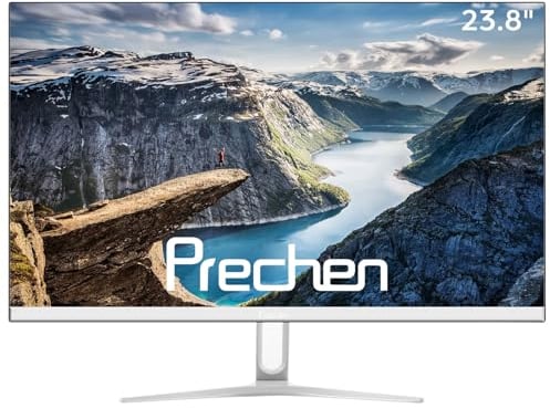 Prechen 24 pollici Monitor Computer FHD 1920x1080 LED, schermo da gioco senza cornice 75Hz, VA, 3000:1, HDMI, VGA, 4ms, montaggio VESA, monitor da tavolo per ufficio, bianco