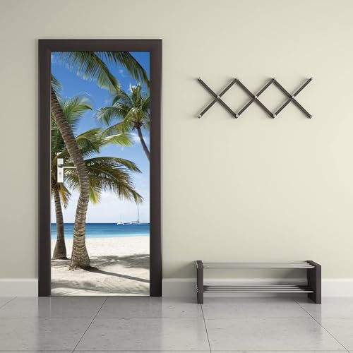 Papier Peint Porte Trompe L'Oeilpalmiers De Plage 90 X 200 Cm, Créativité Sticker De Porte Trompe L'Oeil Effet 3D Adhésif Diy Papier Peint Porte Pvc Étanche Autocollant Porte Pour - Photo De La Port