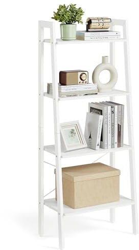 VASAGLE Ladder Shelf, 4-Tier Bookshelf, Bookcase, for Living Room, Bedroom, Kitchen, Home Office, Industrial Style, Steel Frame, Maple White and Pearl White LLS044W44