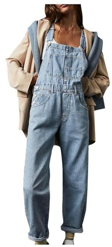 Womens Casual Denim Dungarees Summer Adjustable Straps Denim Jumpsuit Ladies Loose Plain Bib Overalls with Pockets Women's Fashion One Piece Jeans for Daily Office Vacation