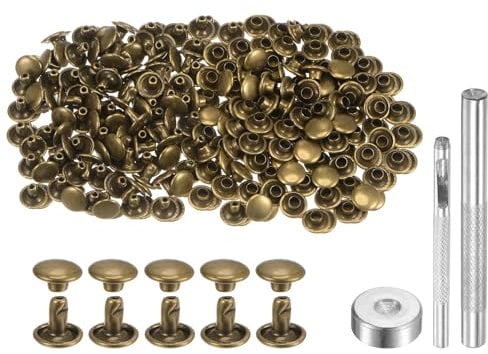 sourcing map 200 Sets Leather Rivets 8mm x 6mm Metal Double Cap Rivet Snaps Studs Fasteners with 3pcs Setting Tools Rivets for Leather Craft DIY Repair Decoration, Bronze