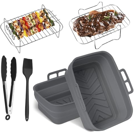 Pietuley Foldable Silicone Air Fryer Liner, Set of 6 Air Fryer Accessories for Ninja Dual AF300UK,Tower T17088 T17099,Tefal Easy Fry, Salter etc Including Air Fryer Racks, Reusable Air Fryer Liner