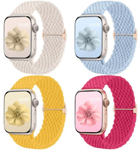 Mastten 4 Pezzi Cinturini Compatible con Cinturino Apple Watch 40mm 41mm 38mm 42mm per Donne Uomini, Cinturino Intrecciato Elastico Sportivo Regolabile per iWatch SE2 SE 10 9 8 7 6 5 4 3 2 1 Ultra