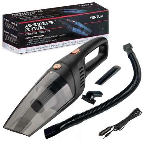 VENTUX GEAR Aspirapolvere Portatile, connettore a 12v || Aspirapolvere portatile per auto || Filtro Hepa Lavabile || Set accessori pulizia