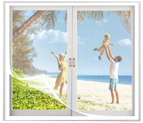 Rideau Moustiquaire pour Porte Fenetre 85x135cm Universelle Anti Moustique Fenetre Recoupable avec Bande Adhésive Maille Fine Filet Ecran Fenêtre sans Perçage Blanc