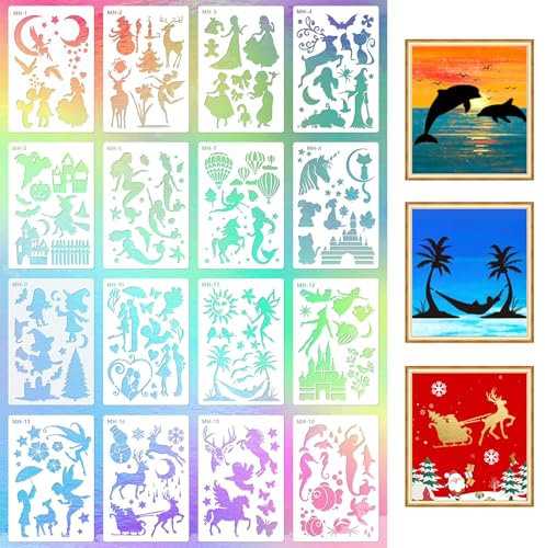 Malschablonen Kinder 16 Stück Zeichenschablonen Textilgestaltung Airbrush Schablonen Malen Set für Scrapbooking Fotoalbum DIY Karten
