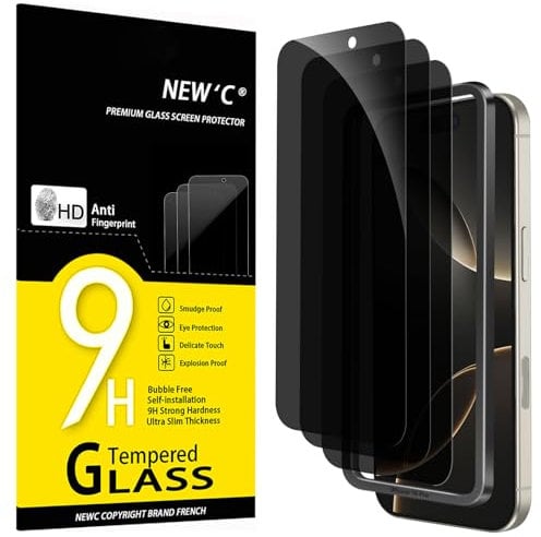 NEW'C 3 Piezas, Protector pantalla privacidad para iPhone 16 Pro (6,3 Pulgadas), Cristal Vidrio Templado Antiespia con herramienta de instalación fácil incluida - Ángulo de Privacidad 28 Grados