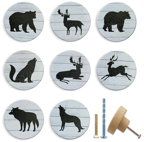 JamJam Set of 8 1.8 Retro Wolf Black Bear Deer Woodland Wildlife Cabinet Pulls Animal Cabinet Handles Dresser Knob for Door Bedroom or Drawer Knobs
